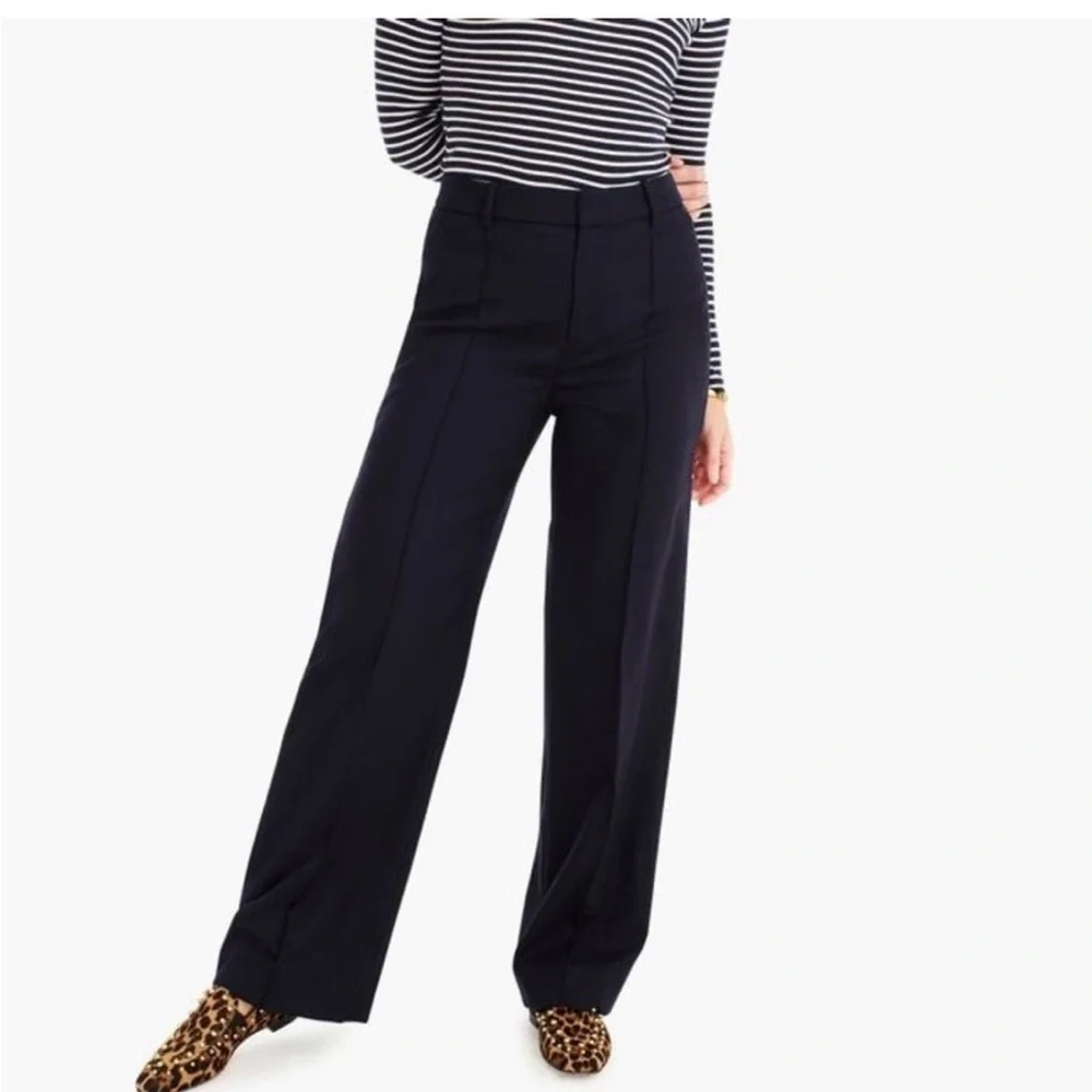 J Crew Navy Wool Flannel Full-Length Straight Leg Trouser Pants Women's Size 4
